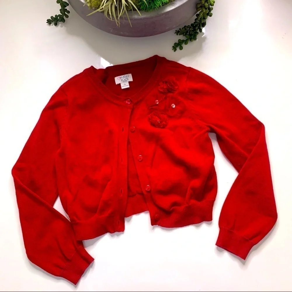 Children’s Place red Floral Appliqué girl Medium Holiday Cardigan sweater jacket